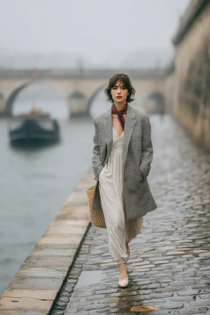 #19. Oversized Houndstooth Blazer with White Jumpsuit and Scarf Accent