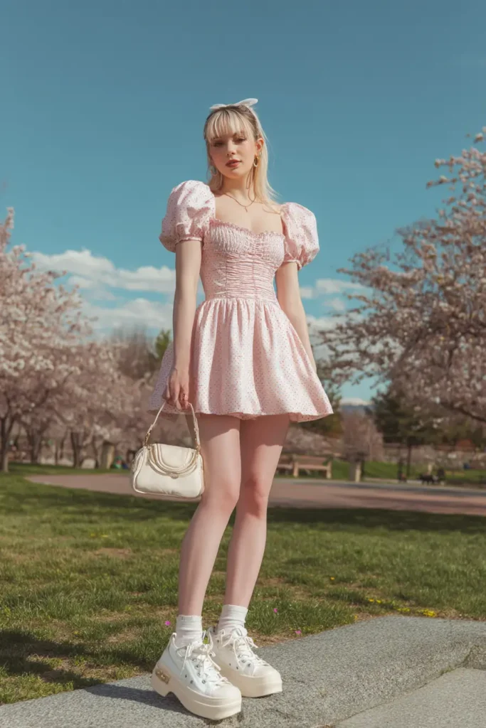 #19. Puff-Sleeve Babydoll Dress with Platform Sneakers and Mini Purse