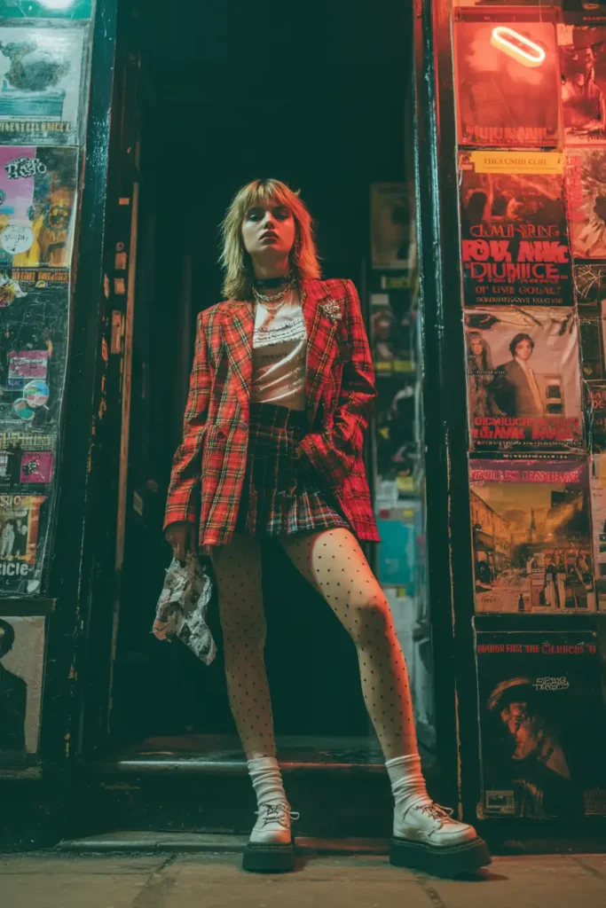 #19. Red Plaid Blazer with Mini Skirt and Polka Dot Tights
