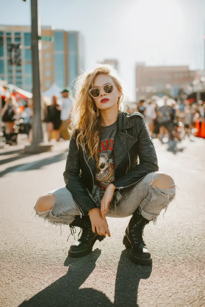 #19. Ripped Jeans with Band Tee and Leather Moto Jacket