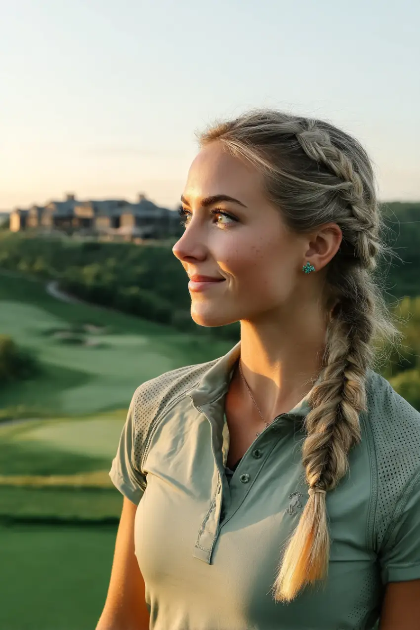 30 Sleek Golf Hairstyles: Polished and Practical Styles for Game Day Glam 20 #19. Side Dutch Braid with Sunset Glow
