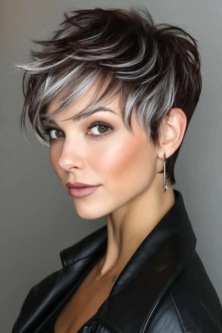 24 Striking Brown Hair with Silver Highlights Ideas: Sophisticated Looks to Refresh Your Style 20 #19. Textured Pixie with Silver Highlights and Dark Mocha Base