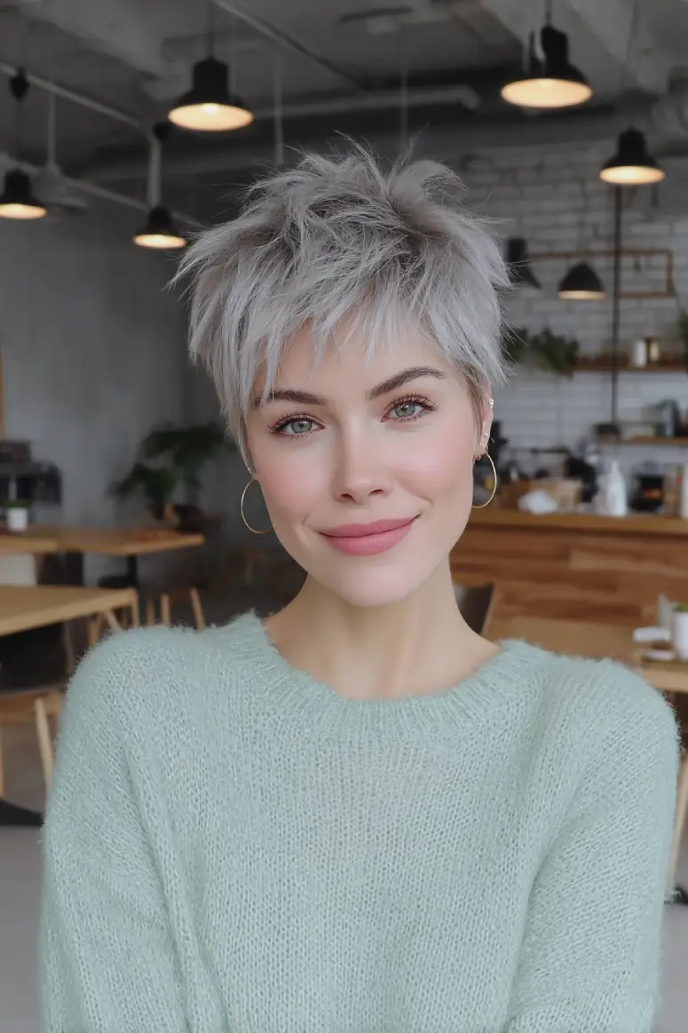 21 Chic Short Layered Hairstyles: Modern Cuts for a Fresh, Youthful Vibe 20 #19. Textured Silver Pixie with Soft Edge