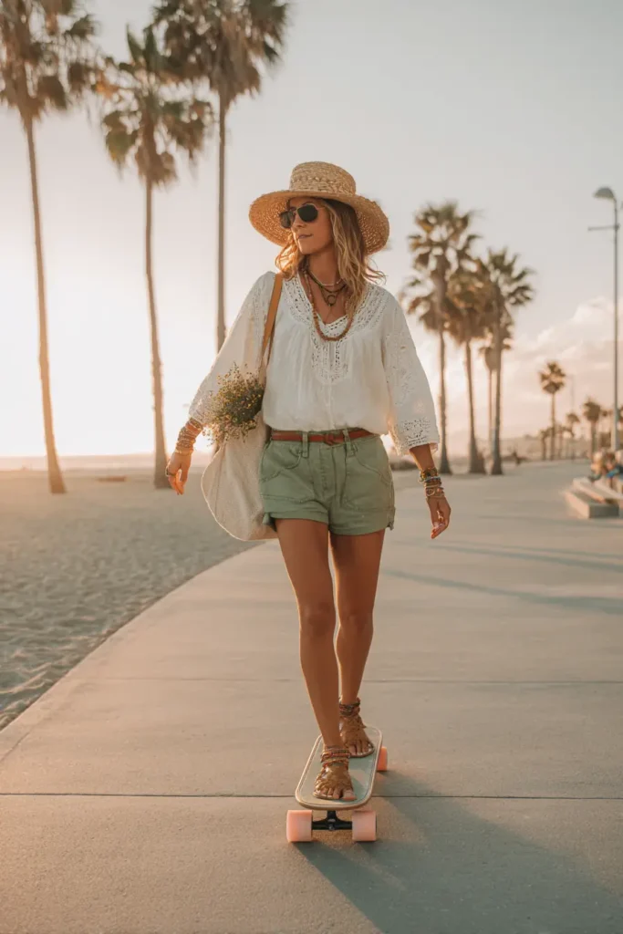 #2. Boho Beach Blouse with Olive Shorts and Strappy Sandals