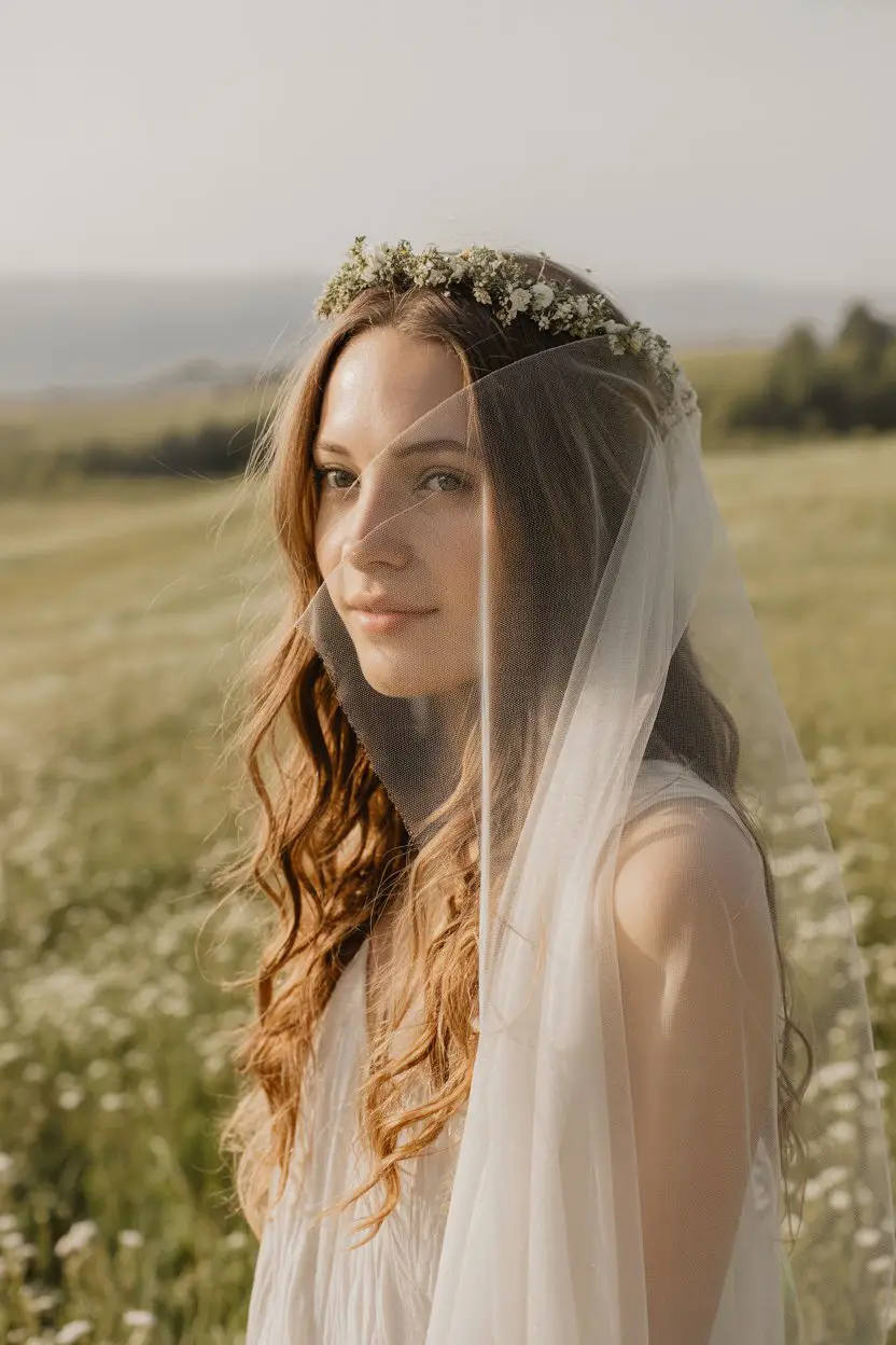 15 Ethereal Wedding Hairstyles With Veil: Soft and Stunning Bridal Inspirations 3 #2. Boho Loose Waves with Floral Crown and Fingertip Veil