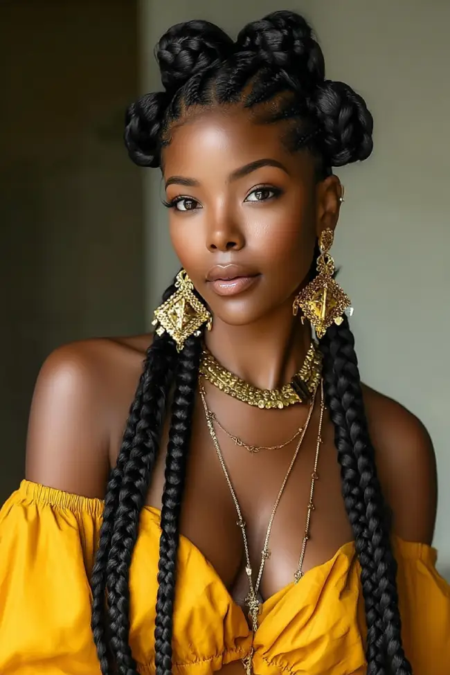 19 Stunning 4c Braided Hairstyles: Bold Looks That Celebrate Natural Texture 3 #2. Braided Crown Buns with Statement Feed-In Plaits