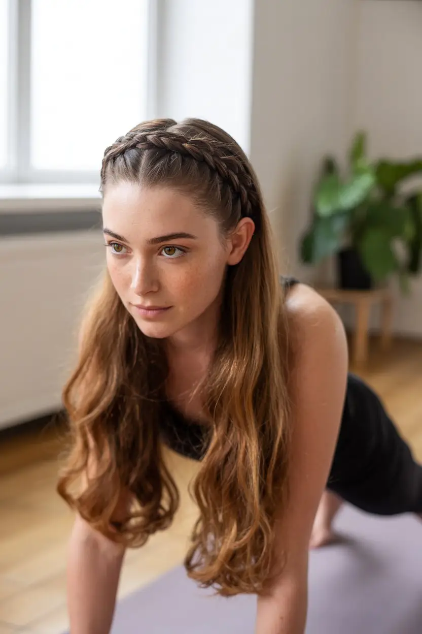 16 Fresh Gym Hairstyles: Low-Fuss Hairdos That Blend Function with Flair 3 #2. Braided Headband for Hands-Free Training