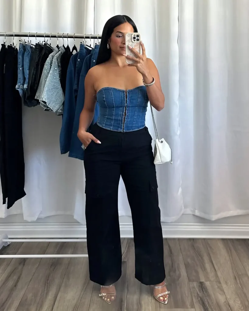 #2. Denim Bustier with Black Cargo Pants