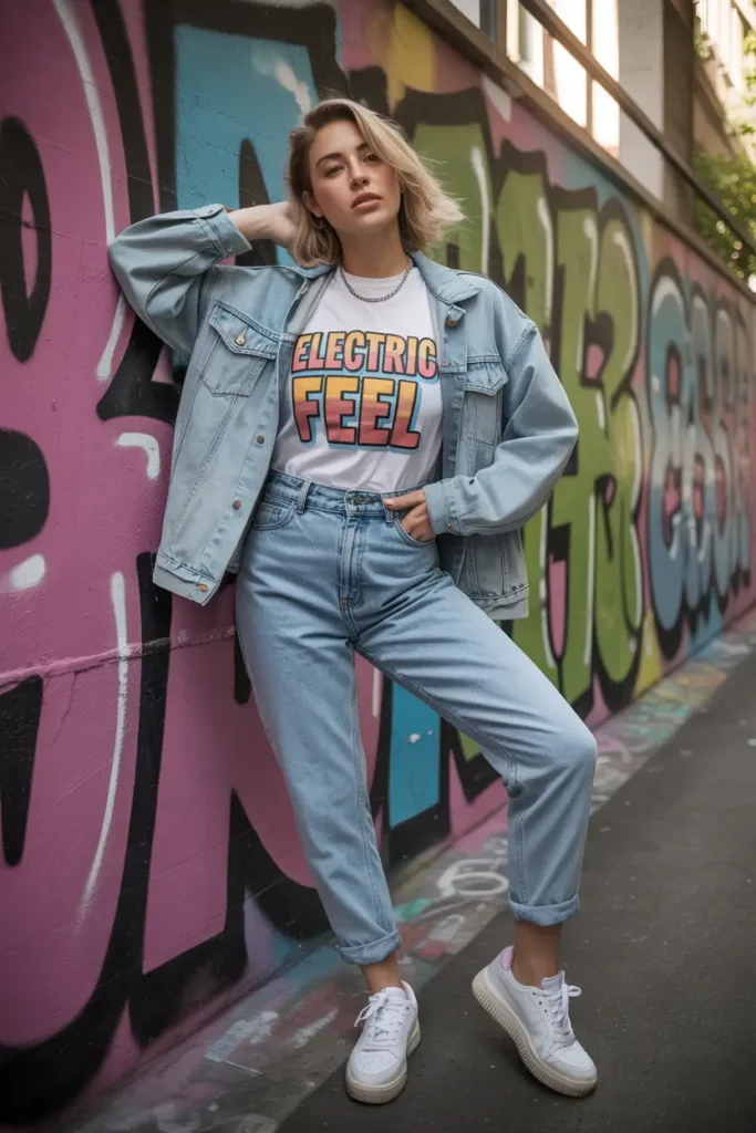 #2. Denim Jacket Over a Graphic Tee and Mom Jeans
