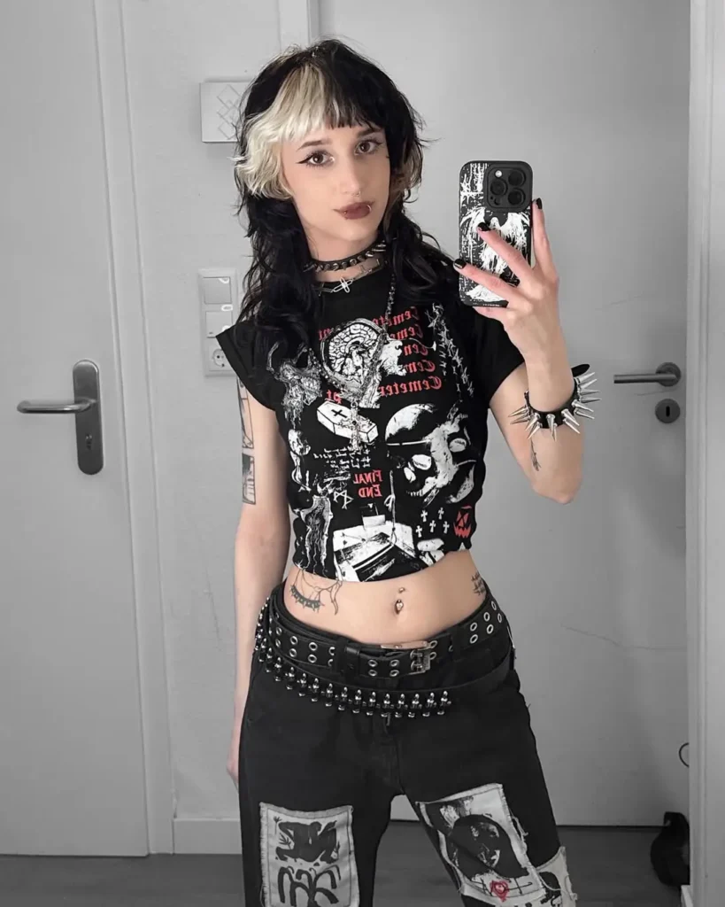 2. Graphic Crop Tee with Studded Belt and DIY Patch Jeans