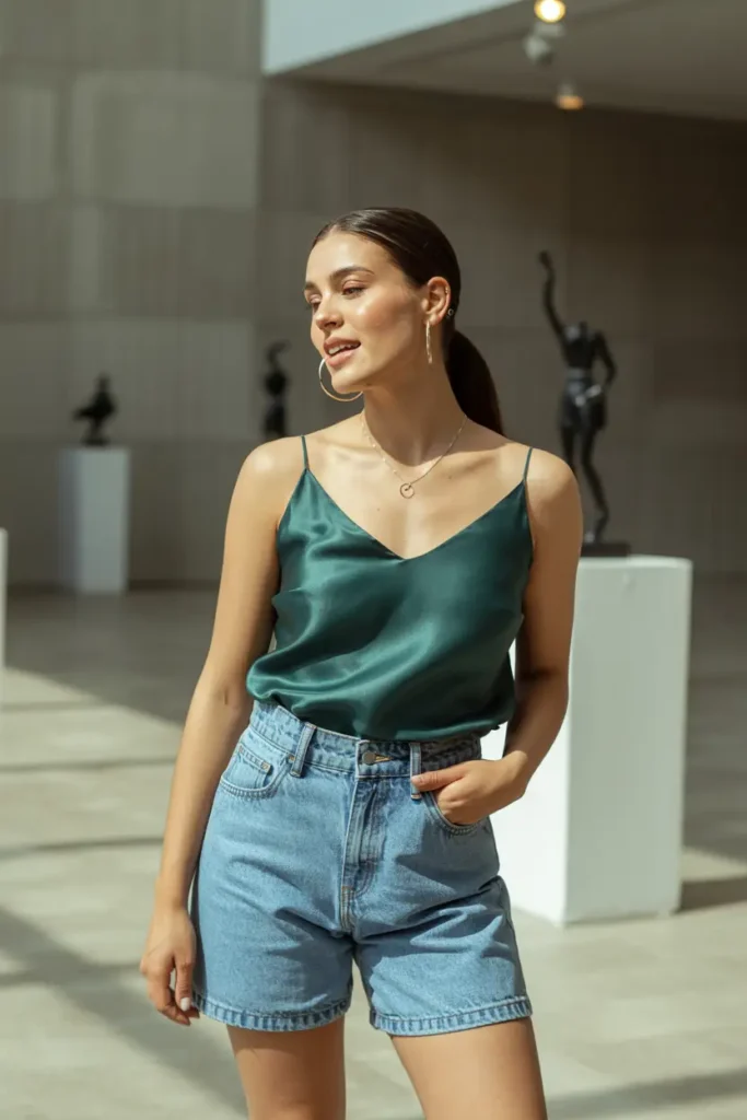 #2. High-Waisted Denim Shorts with a Silk Camisole