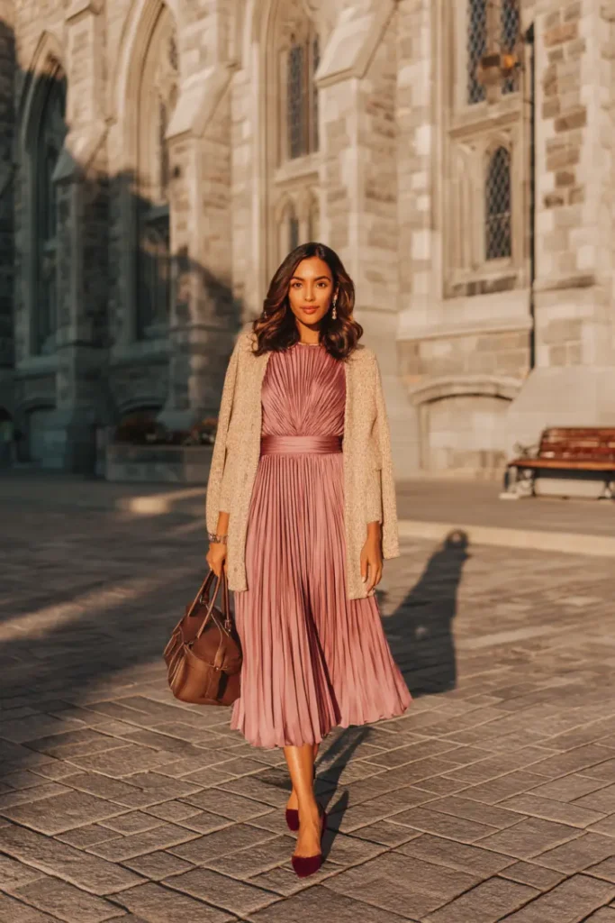 20 Graceful Church Outfit Ideas: Chic and Respectful Styles to Inspire 3 #2. Mauve Pleated Midi with Textured Knit – Classic Elegance in Motion