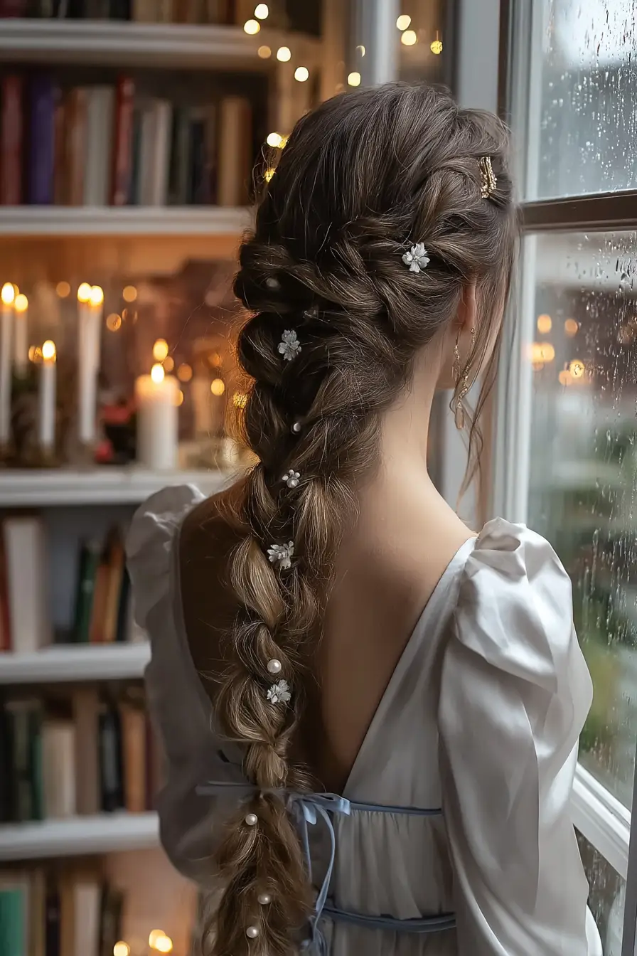 21 Sleek Rainy-Day Hairstyles: Easy Ways to Tame the Frizz 3 #2. Romantic Flower-Adorned Braid