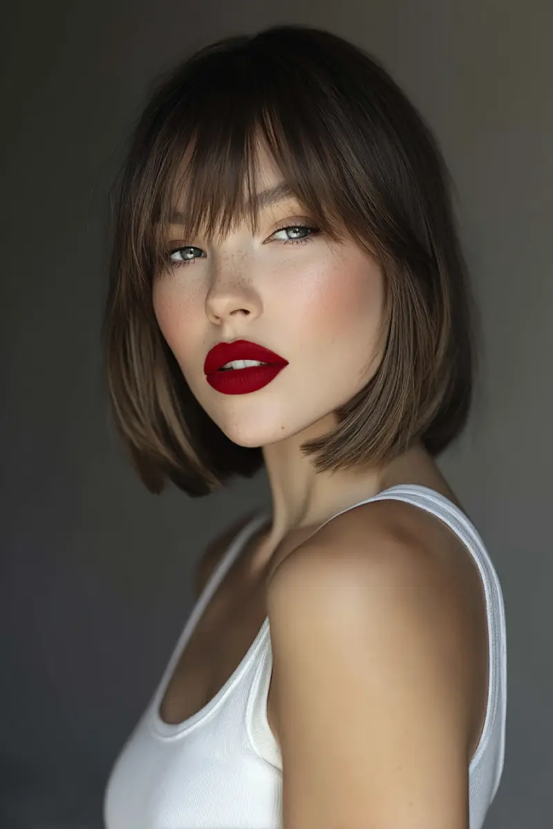 #2. Sleek Straight Bob with Wispy Curtain Bangs