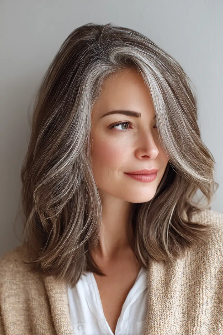 24 Striking Brown Hair with Silver Highlights Ideas: Sophisticated Looks to Refresh Your Style 3 #2. Soft Mocha Lob with Silver Face-Framing Highlights