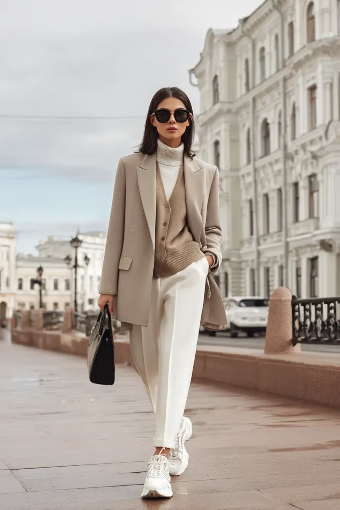 #2. Taupe Oversized Blazer with Layered Neutrals and Wide-Leg Trousers
