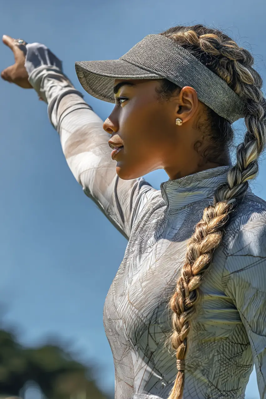 30 Sleek Golf Hairstyles: Polished and Practical Styles for Game Day Glam 3 #2. Textured Braid with Heathered Sports Visor
