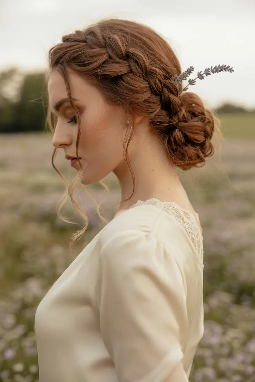 #2. Textured Braided Low Bun with Face-Framing Tendrils