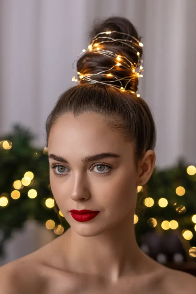 15 Festive Christmas Tree Hairstyles Ideas: Fun & Creative Holiday Looks 3 #2. The Glittering Tree Top Knot