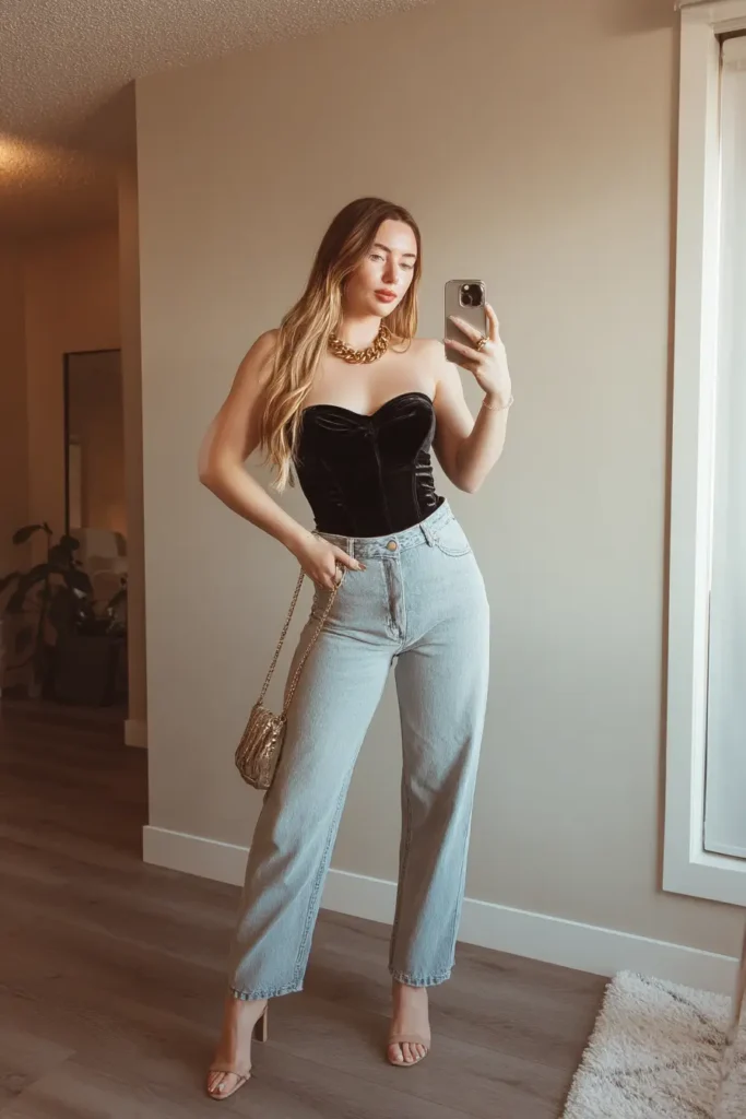 #2. Velvet Corset Top with Straight-Leg Denim and Gold Accents