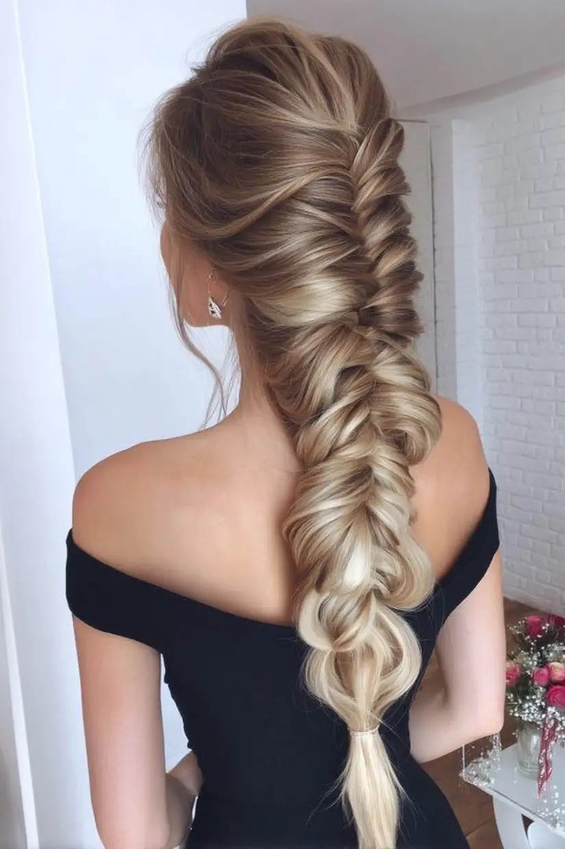 #2. Voluminous Fishtail Braid with Soft Highlights
