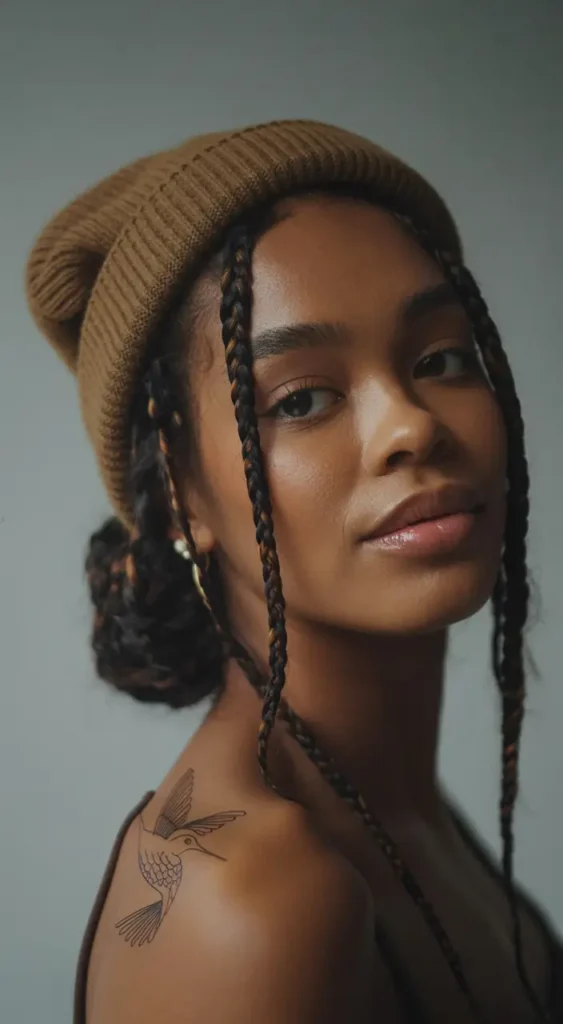 20 Chic Beanie Hairstyles: Fashionable Pairings for Cold-Weather Days 21 #20. Braided Crown Bun with Loose Face-Framing Plaits