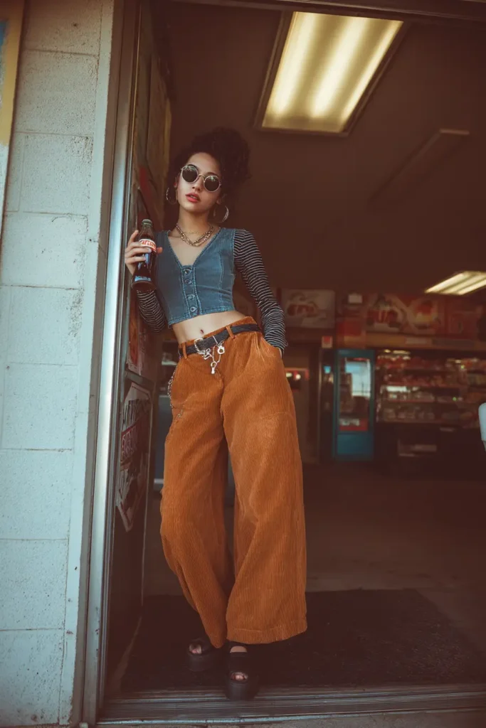 #20. Corduroy Pants with Striped Undershirt and Cropped Denim Vest