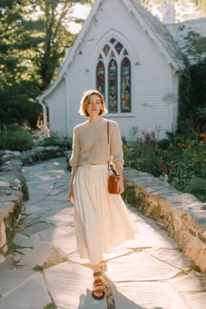 20 Graceful Church Outfit Ideas: Chic and Respectful Styles to Inspire 21 #20. Cream Knit Sweater with Flowing Skirt – Autumn Light and Intentional Layers for Church