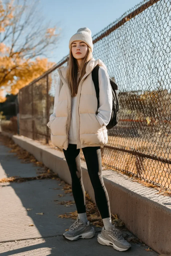 #20. Cream Puffer Vest with Leggings and Knit Beanie