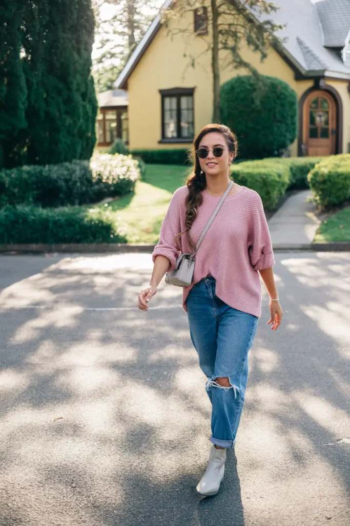 #20. Dusty Pink Knit Sweater with Distressed Boyfriend Jeans
