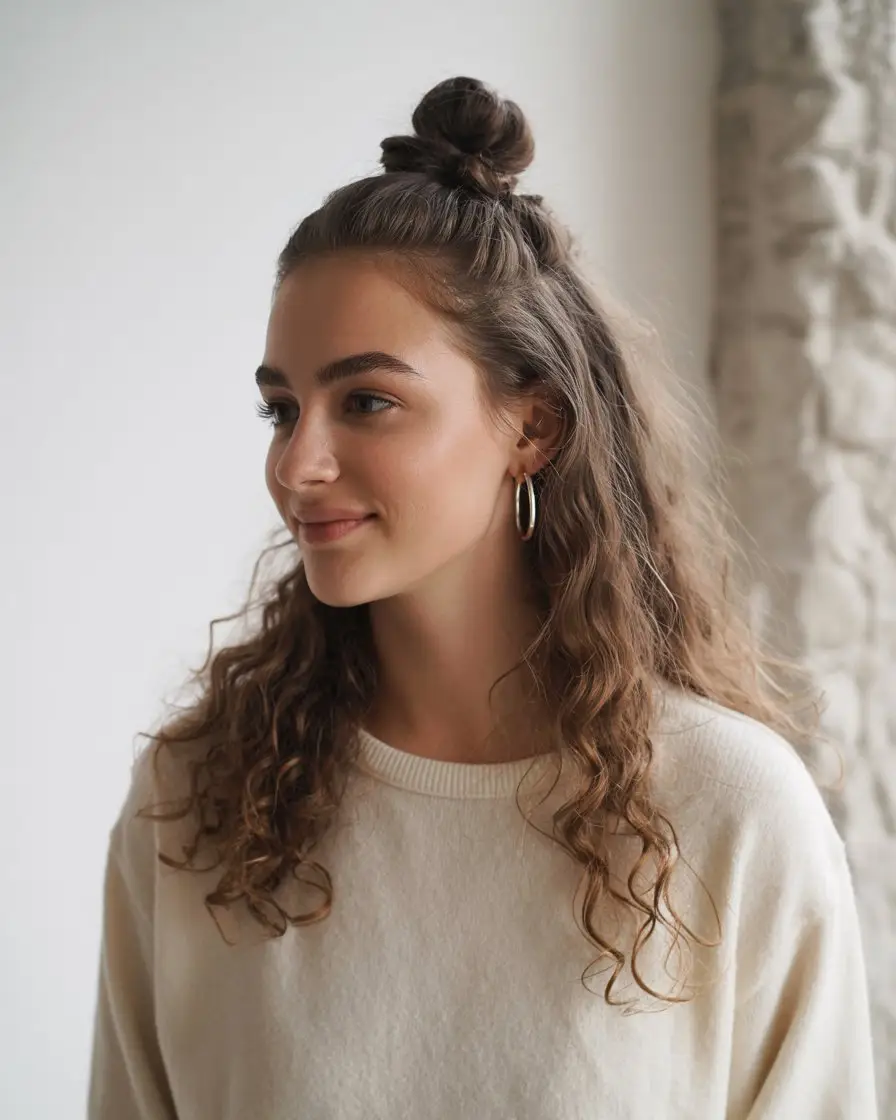 #20. Half-Up Top Knot with Face-Framing Curls