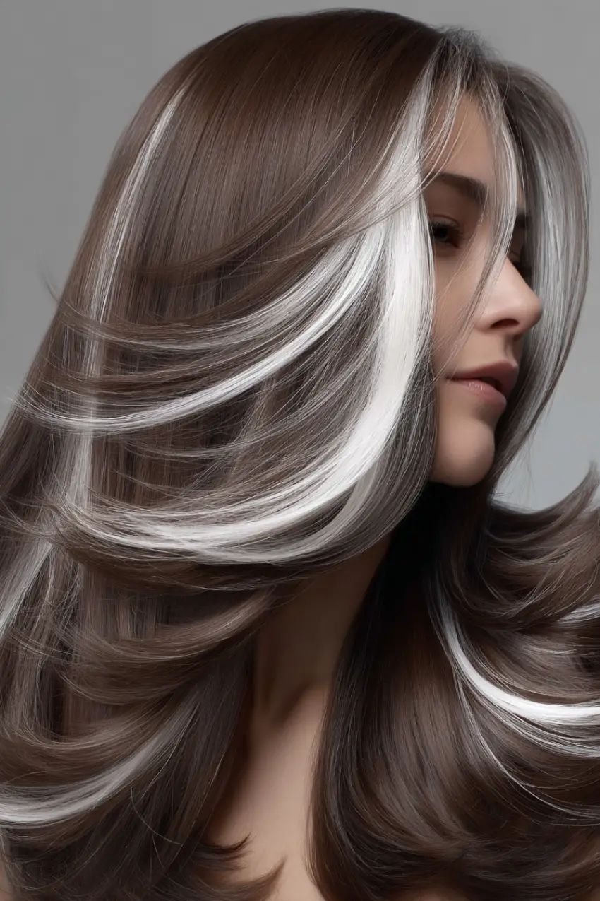 24 Striking Brown Hair with Silver Highlights Ideas: Sophisticated Looks to Refresh Your Style 21 #20. Sleek Espresso Layers with Bold Silver Contour Streaks