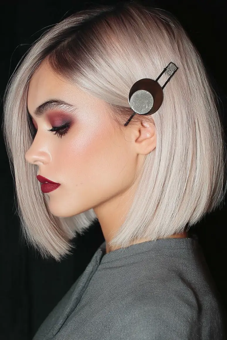 #20. Sleek Platinum Bob with Modern Metallic Clip