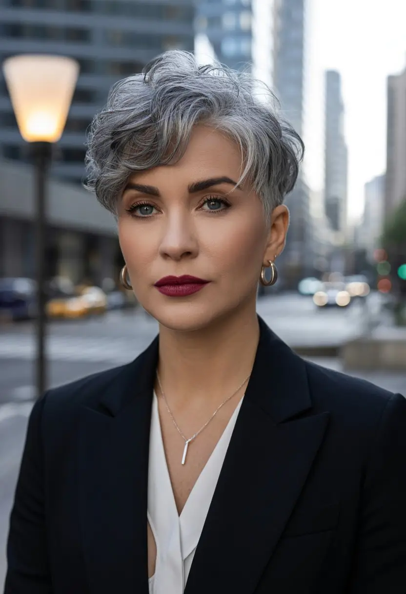 20 Timeless Salt & Pepper Hairstyles: Classic Styles with a Modern Twist 21 #20. Textured Pixie with Steel-Silver Dimension