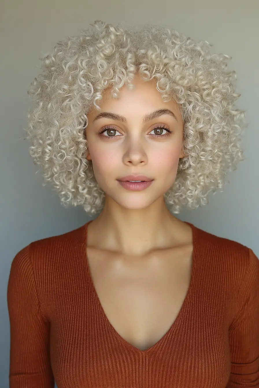 22 Bold Platinum Blonde Bob Hairstyles: Fresh and Fierce Ideas for a Standout Look 21 #20. Tight Platinum Curls with Natural Volume