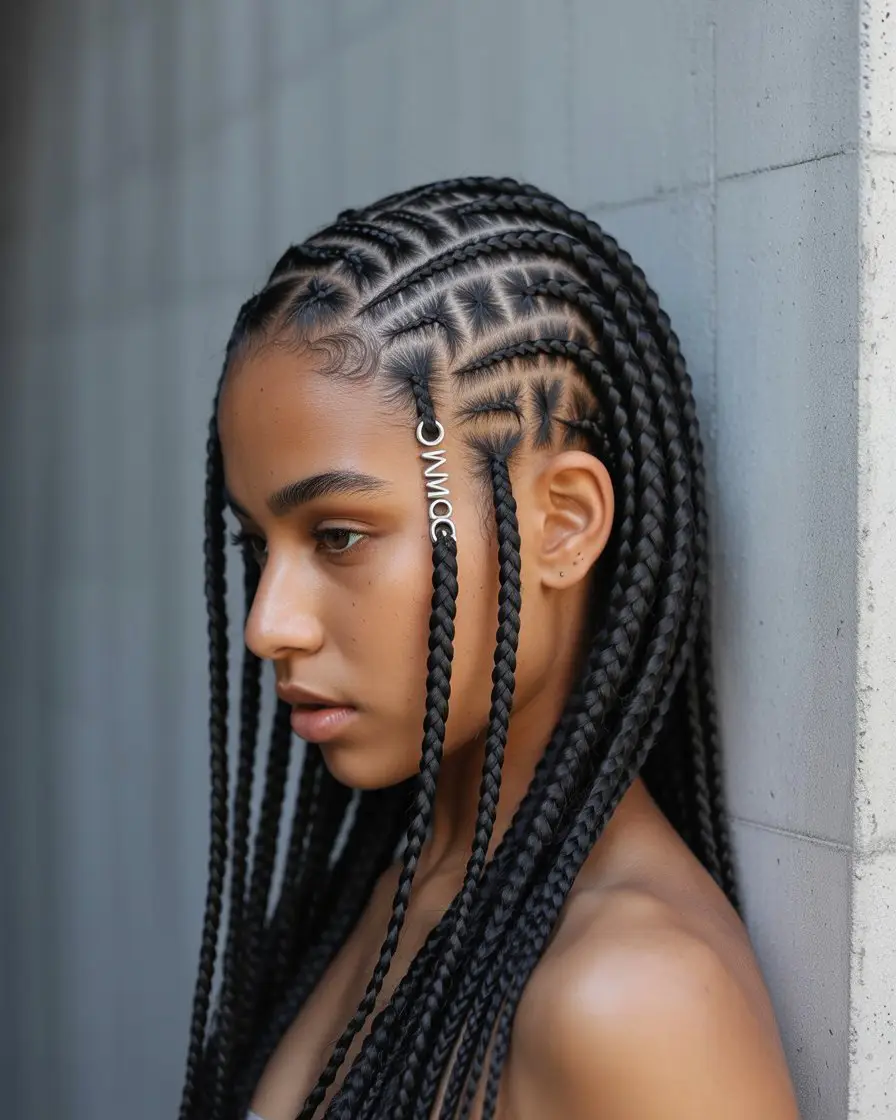 20 Eye-Catching Small Braids Hairstyles: Bold Looks to Elevate Your Hair Game 21 #20. Tribal-Inspired Geometric Braids