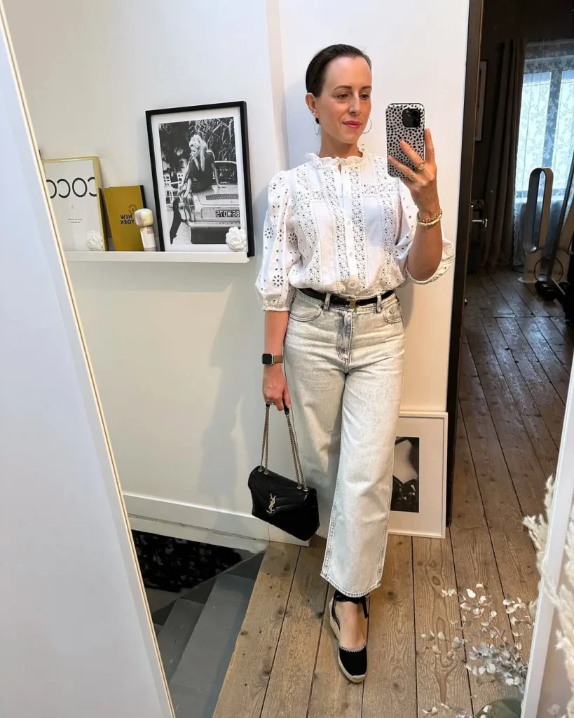 #20. White Eyelet Blouse with Light Wash Crop Jeans and Espadrille Wedges