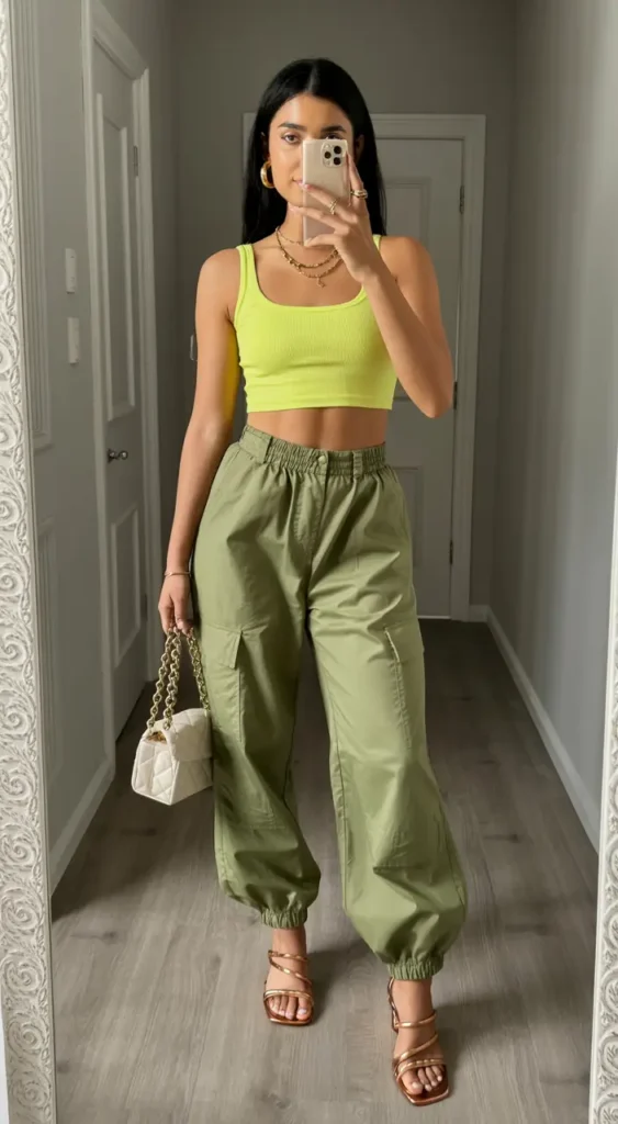 #21. Neon Crop with Cargo Joggers and Strappy Heels