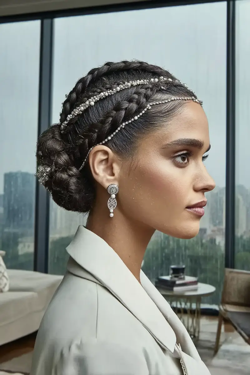21 Sleek Rainy-Day Hairstyles: Easy Ways to Tame the Frizz 22 #21. Pearl-Threaded Braided Low Bun