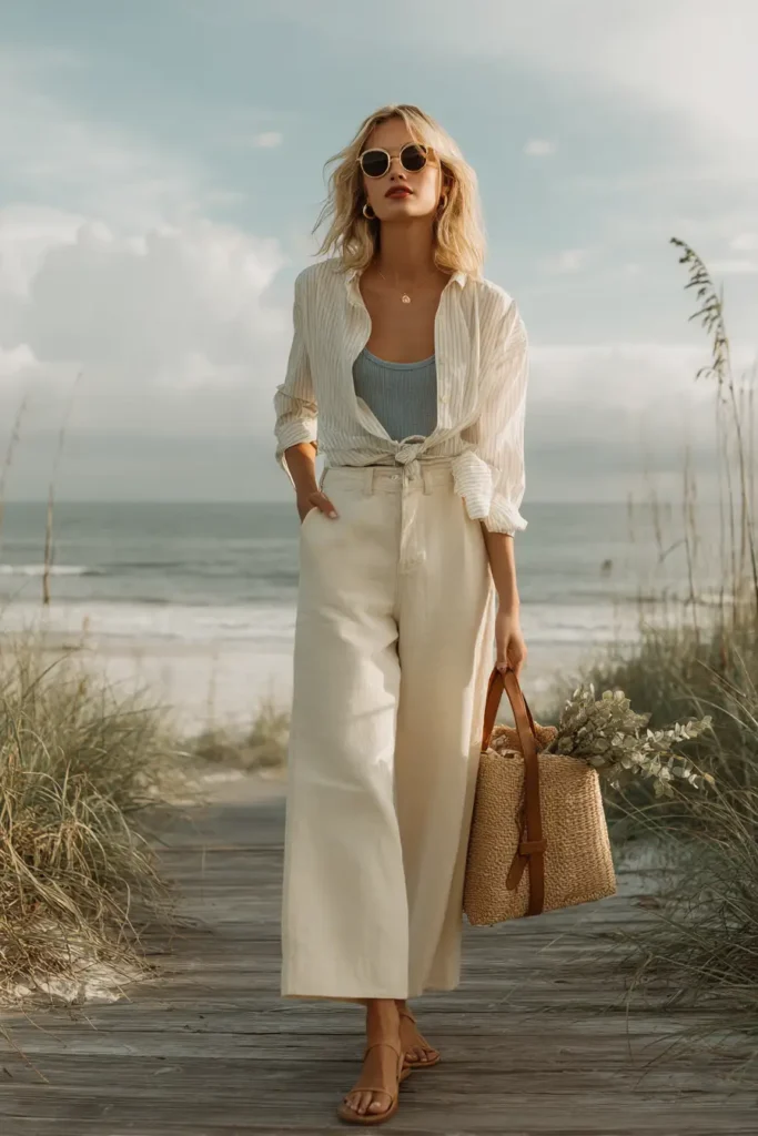 #21. Striped Button-Up with Ribbed Tank and Wide-Leg Linen Trousers