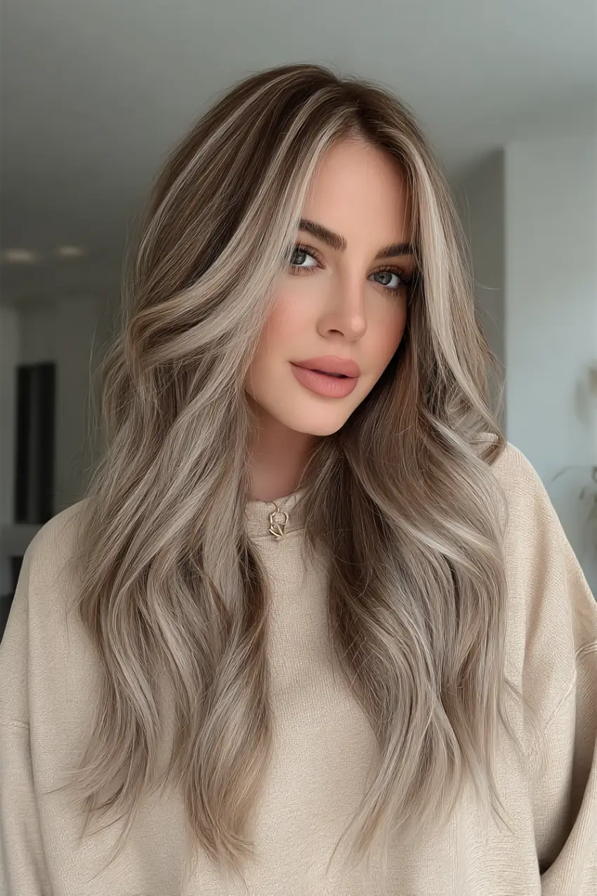 24 Striking Brown Hair with Silver Highlights Ideas: Sophisticated Looks to Refresh Your Style 23 #22. Cool Beige Waves with Silvery Babylights