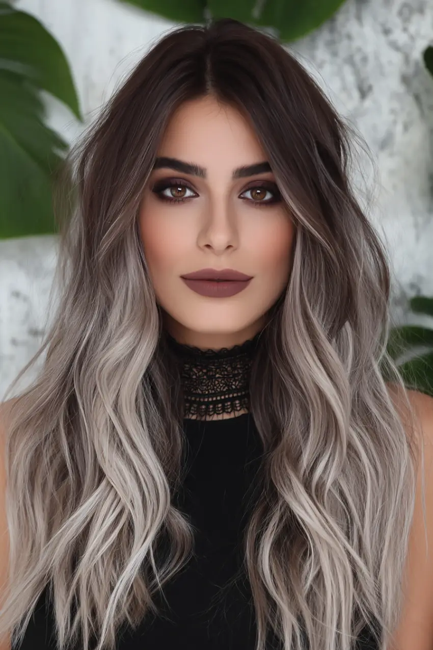 24 Striking Brown Hair with Silver Highlights Ideas: Sophisticated Looks to Refresh Your Style 24 #23. Deep Mocha Waves with Cool Platinum Ombre Ends