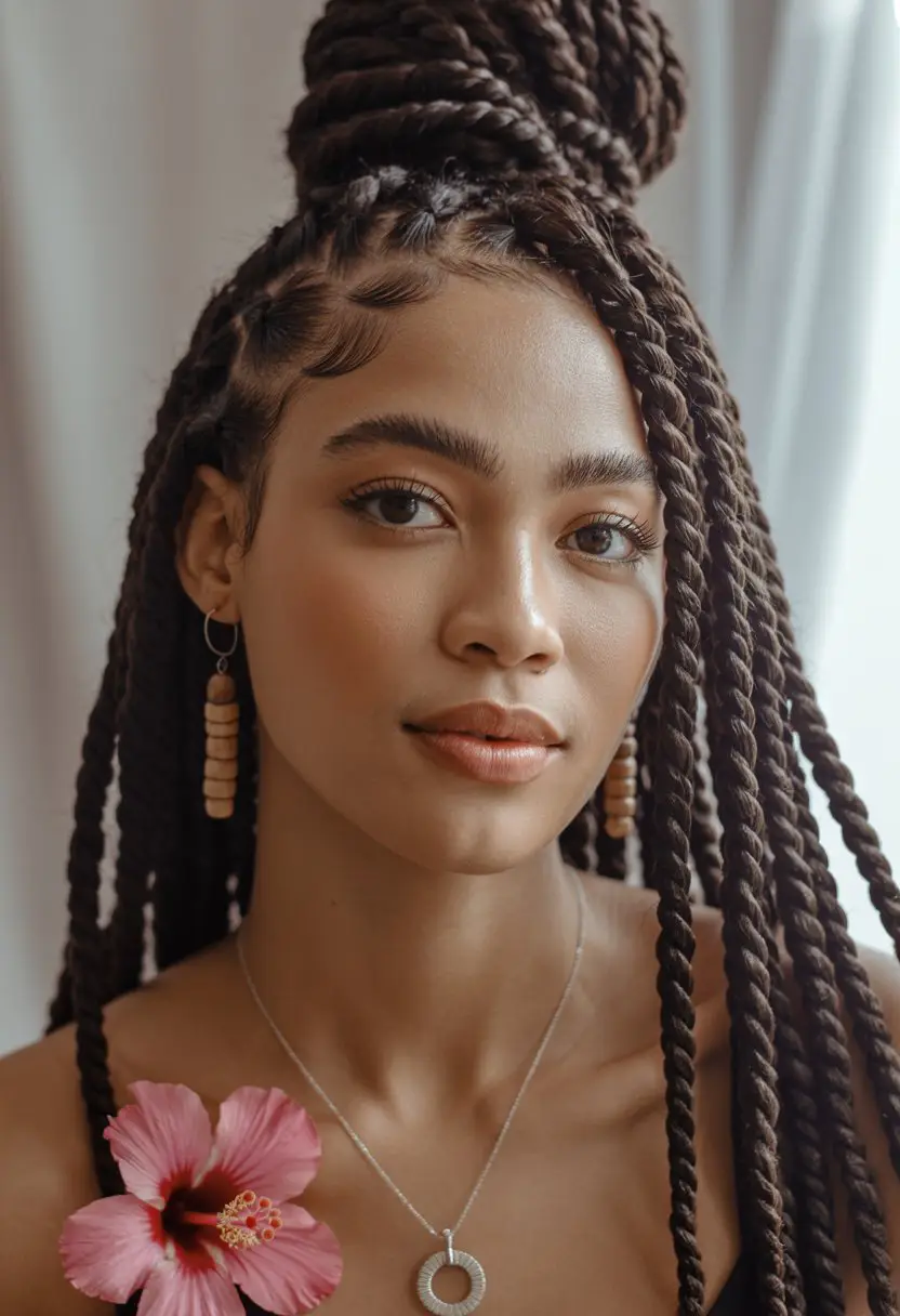 #29. Island-Inspired Crochet Twists with Crown Bun