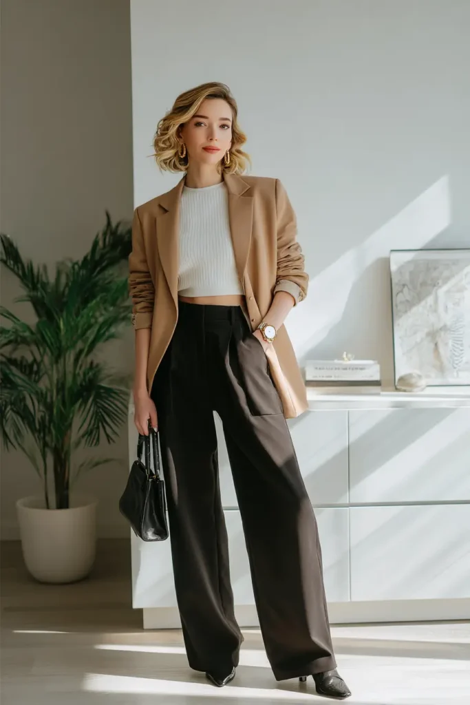 #3. Camel Oversized Blazer with Cropped Sweater and Wide-Leg Trousers
