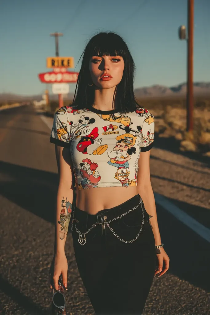 #3. Cartoon Print Crop Tee with Black Jeans and Chain Belt