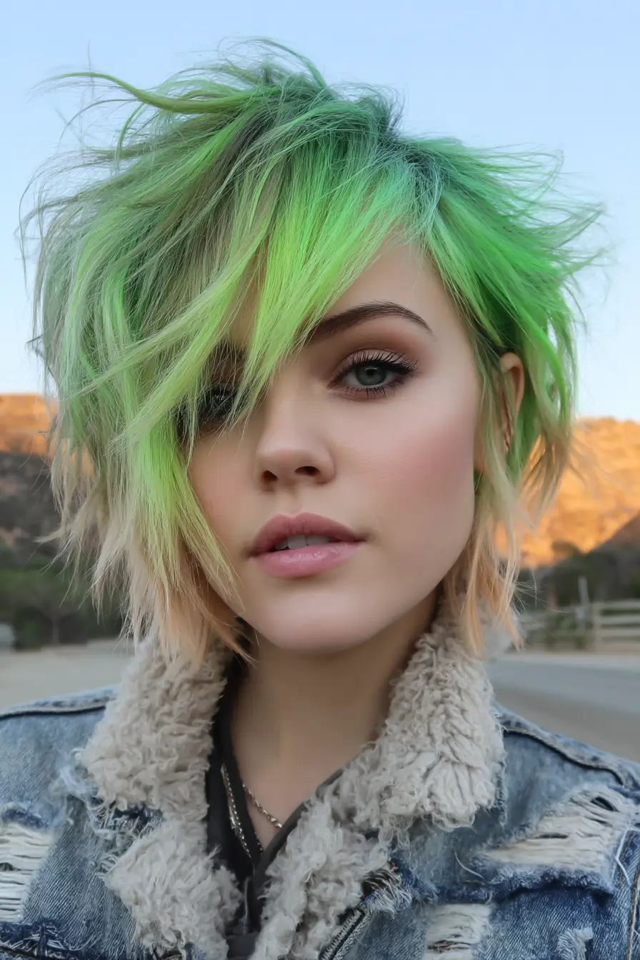 21 Chic Short Layered Hairstyles: Modern Cuts for a Fresh, Youthful Vibe 4 #3. Choppy Green Pixie Bob with Peach-Toned Undercut