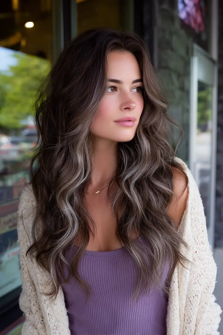24 Striking Brown Hair with Silver Highlights Ideas: Sophisticated Looks to Refresh Your Style 4 #3. Dimensional Brunette Waves with Icy Silver Strands