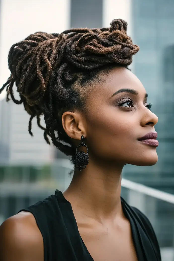 19 Creative Locs Hairstyles: Statement-Making Styles to Try Now 4 #3. Elegant Locs Updo with Soft Brown Highlights