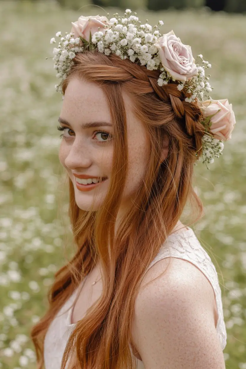 16 Graceful Wedding Hairstyles For Long Hairs: Picture-Ready Styles for Long Locks 4 #3. Half-Up Crown Braid with Fresh Flowers