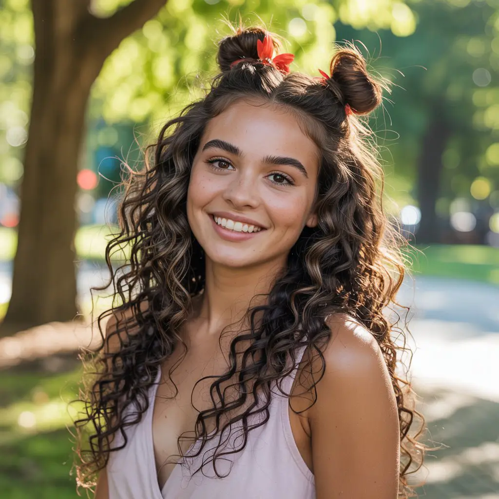 17 Sporty Curly Lacrosse Hairstyles: Game-Ready Looks with Flair 4 #3. Half-Up Space Buns with Curly Layers
